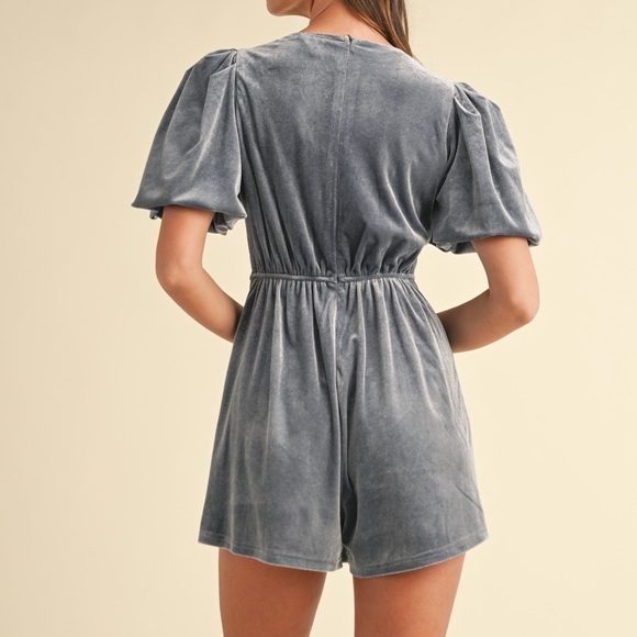 Velvet Jewel Bow Decor Puff Sleeve Romper in Dusty Blue - Picture 5 of 5